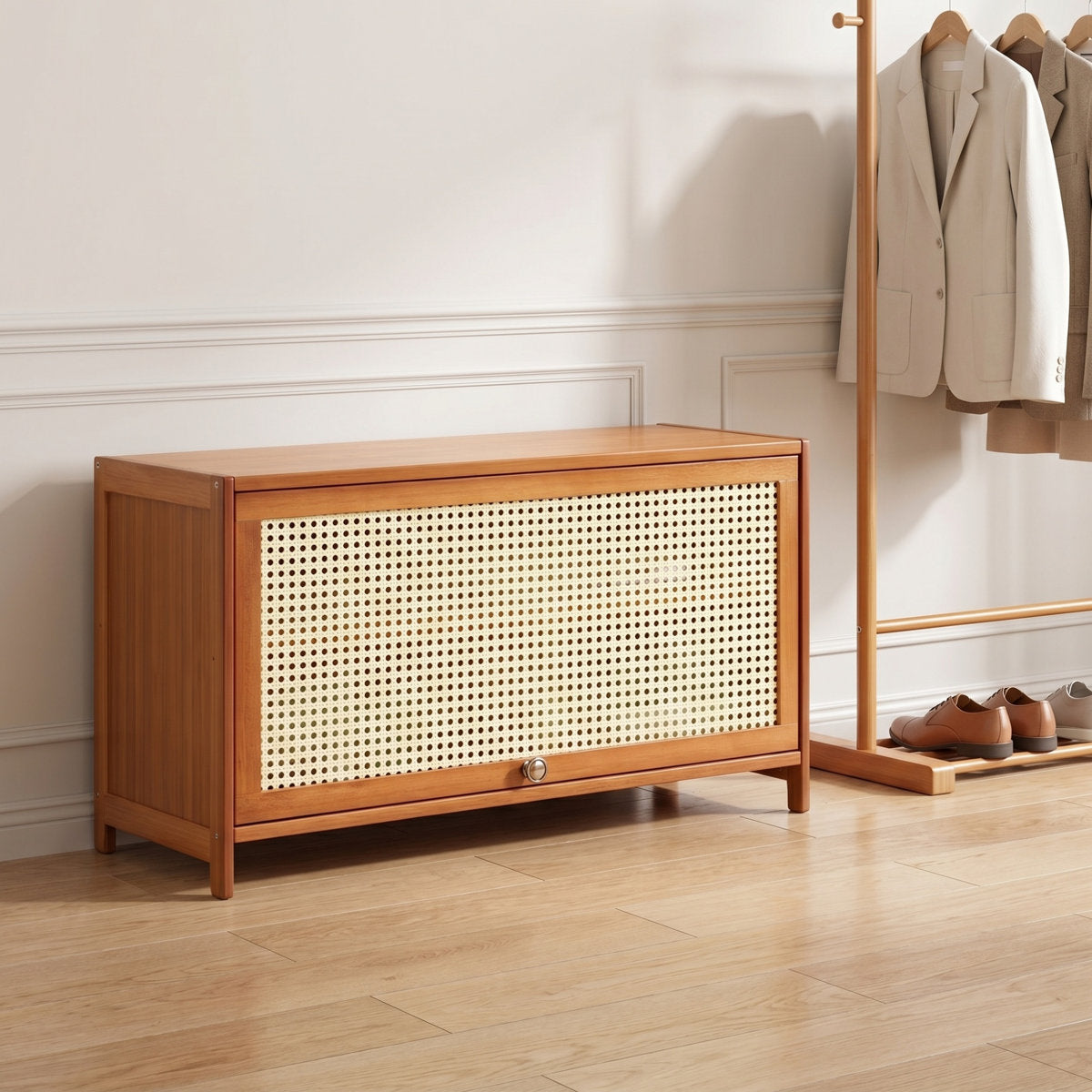 A 31.5-inch rattan cabinet that hides the pile by the door — and looks like you planned it.