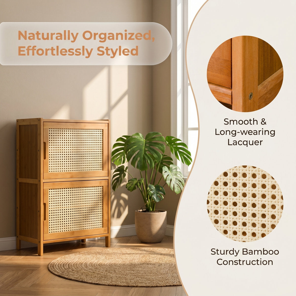Bamboo Storage Cabinet with Rattan Doors, 2-Door Entryway Sideboard 26.8" Tall, Narrow Shoe Cabinet with Removable Shelves, Mid-Century Modern Boho Accent Cabinet for Living Room Bedroom Hallway, Natural Finish