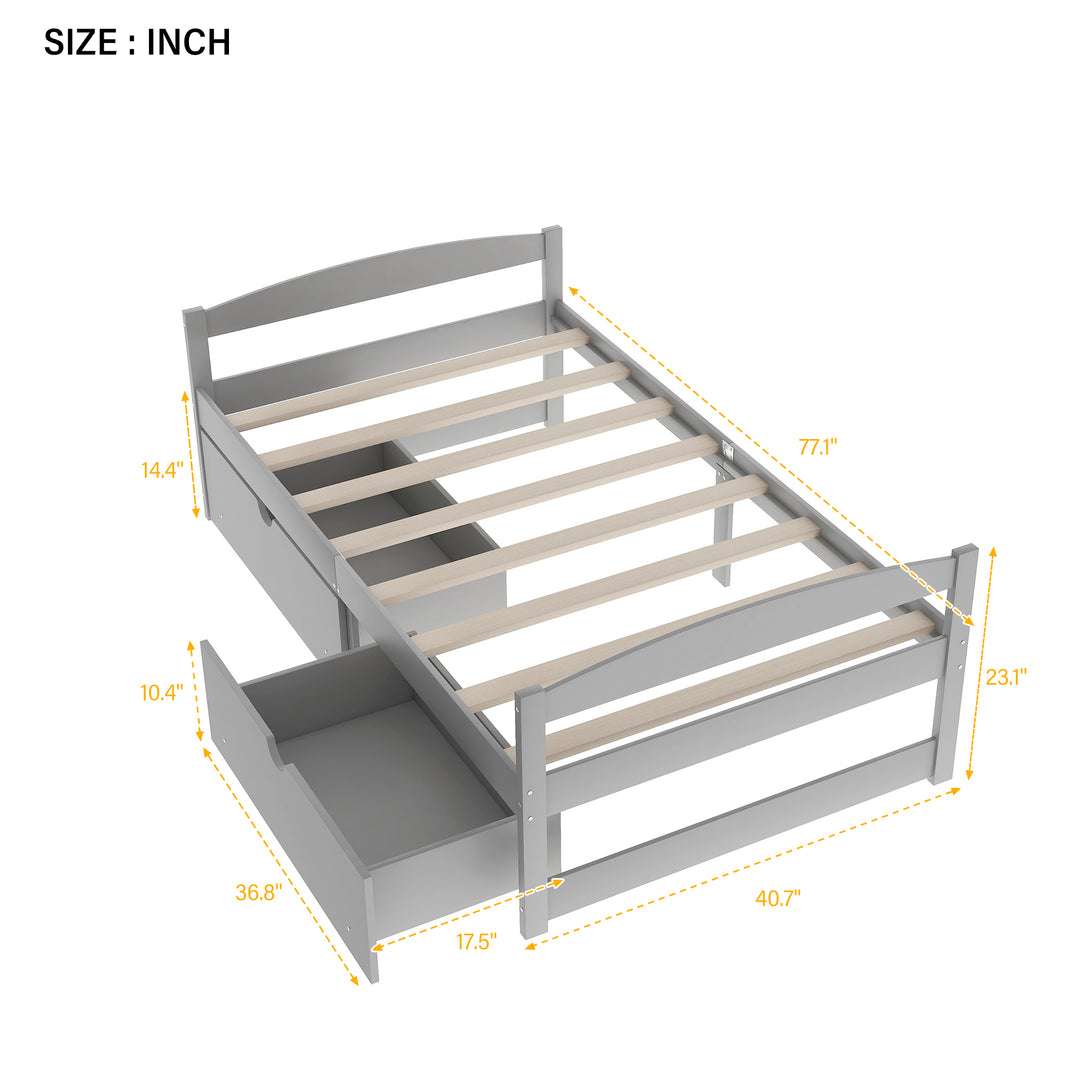 Twin size platform bed, with two drawers, gray