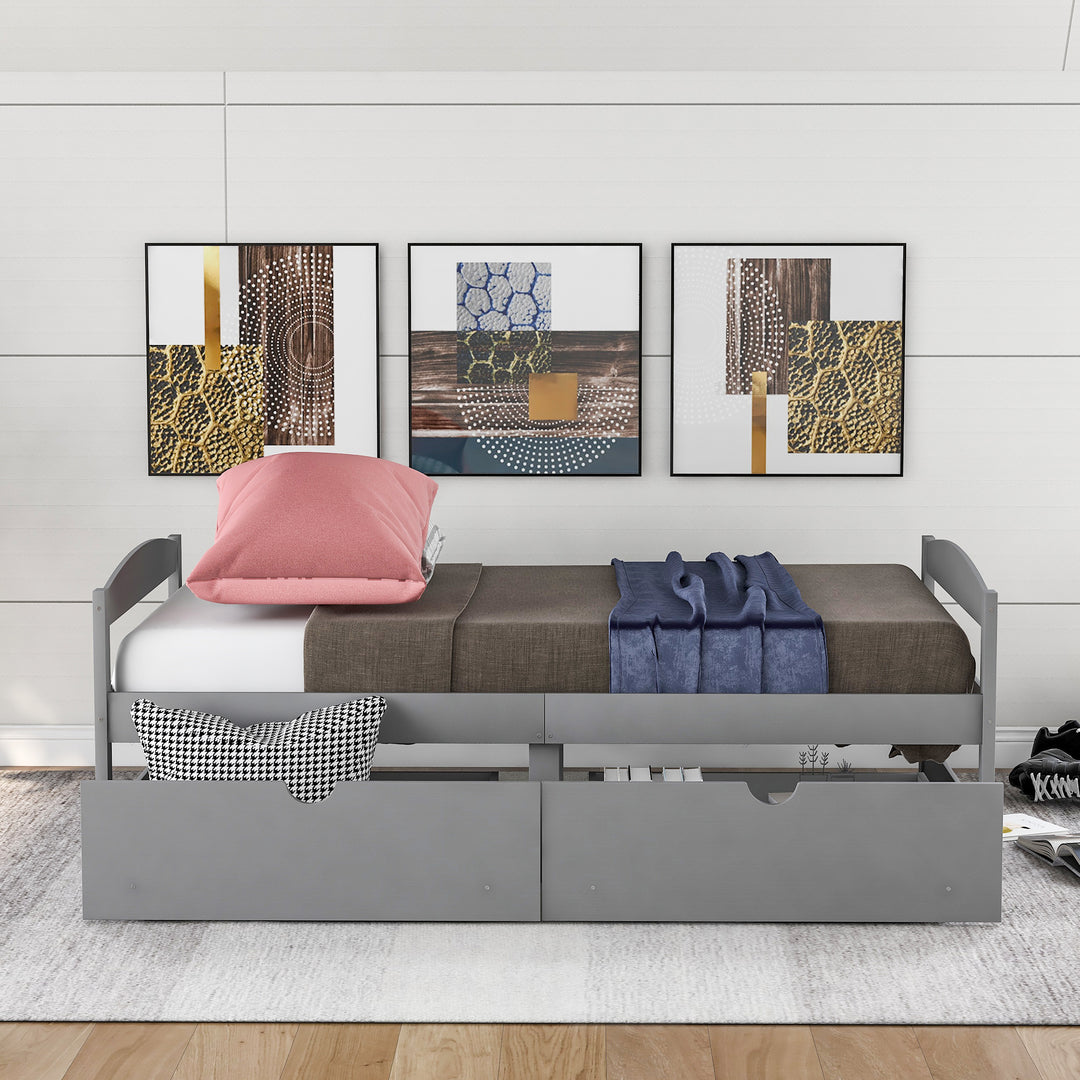 Twin size platform bed, with two drawers, gray