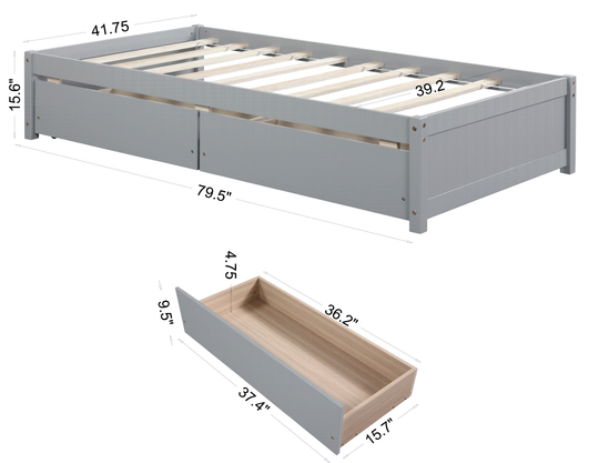 Twin Bed with 2 Drawers, Solid Wood, No Box Spring Needed ,Grey