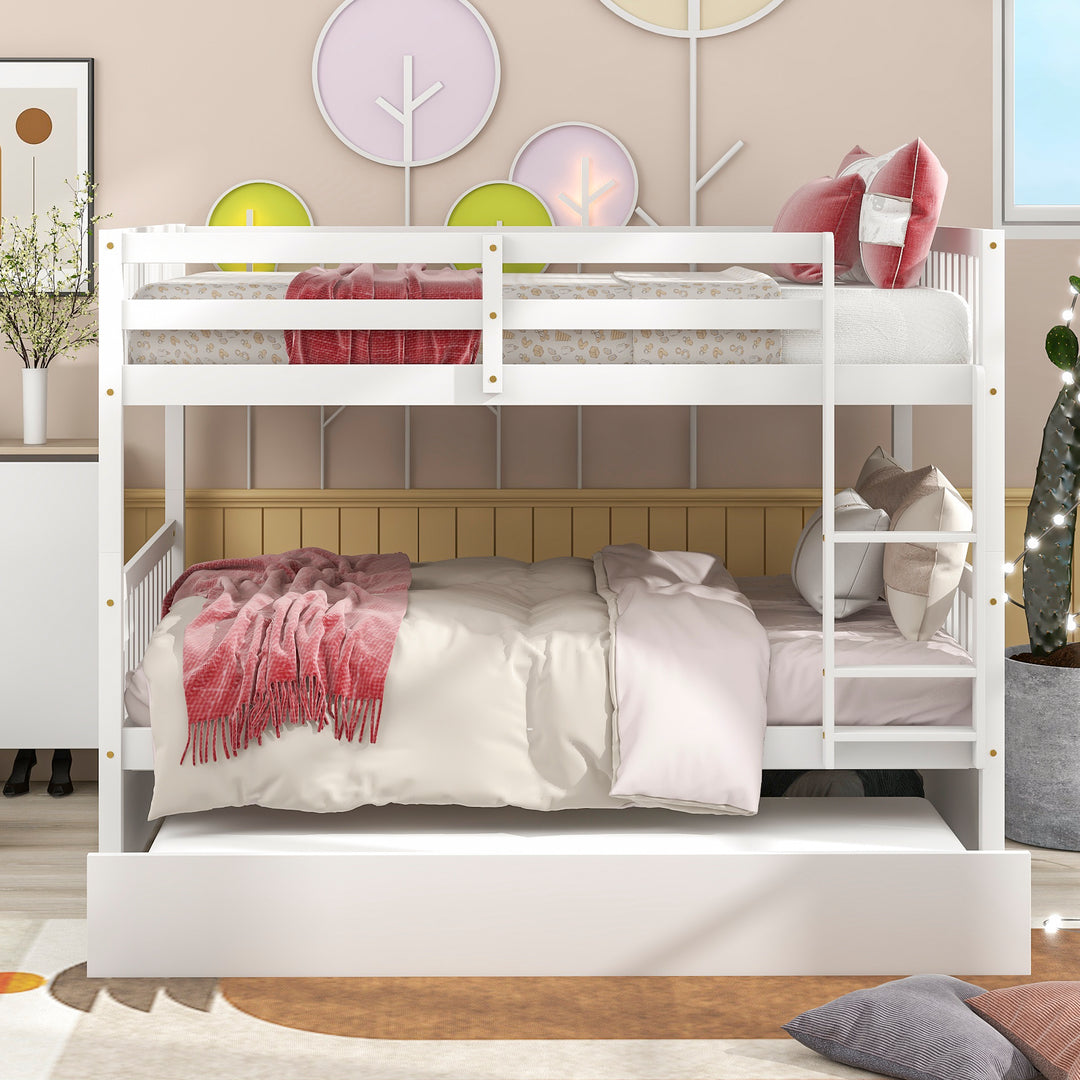 Full Over Full Bunk Bed with Trundle, Convertible to 2 Full Size Platform Bed, Full Size Bunk Bed with Ladder and Safety Rails for Kids, Teens, Adults,White