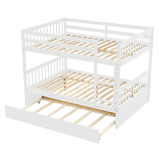 Full Over Full Bunk Bed with Trundle, Convertible to 2 Full Size Platform Bed, Full Size Bunk Bed with Ladder and Safety Rails for Kids, Teens, Adults,White