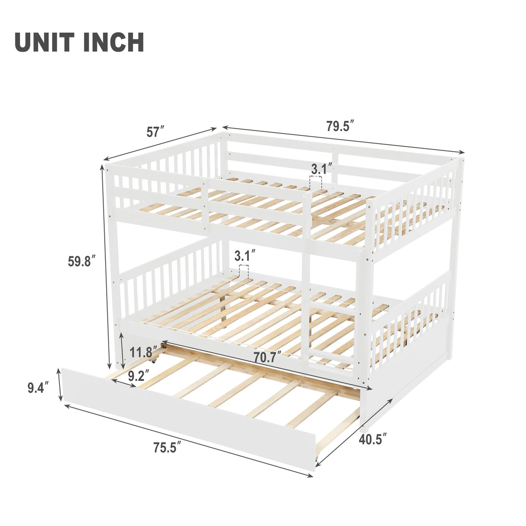 Full Over Full Bunk Bed with Trundle, Convertible to 2 Full Size Platform Bed, Full Size Bunk Bed with Ladder and Safety Rails for Kids, Teens, Adults,White