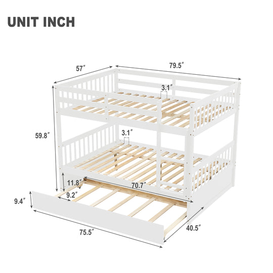 Full Over Full Bunk Bed with Trundle, Convertible to 2 Full Size Platform Bed, Full Size Bunk Bed with Ladder and Safety Rails for Kids, Teens, Adults,White