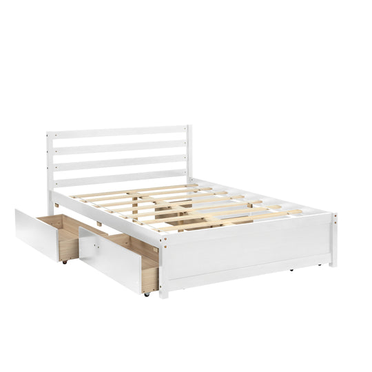 Full Size Wood Platform Bed Frame with 4 Storage Drawers and Headboard of White Color for All Ages