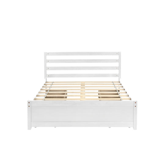 Full Size Wood Platform Bed Frame with 4 Storage Drawers and Headboard of White Color for All Ages