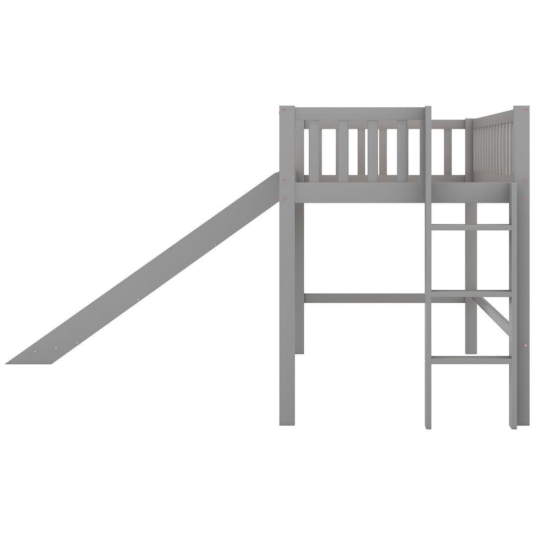 Twin Size Low Loft Bed with Ladder and Slide, Gray