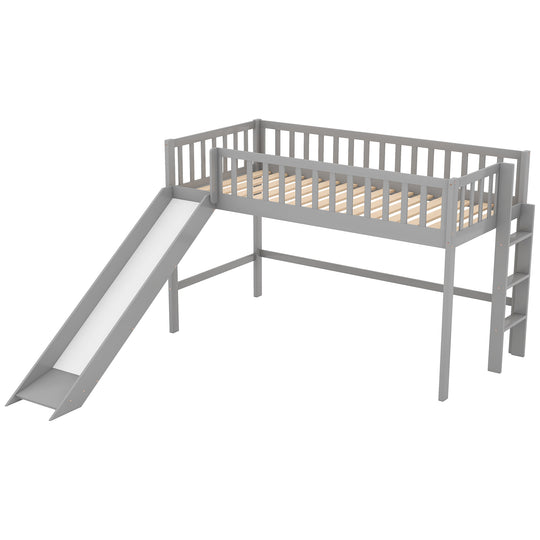 Twin Size Low Loft Bed with Ladder and Slide, Gray