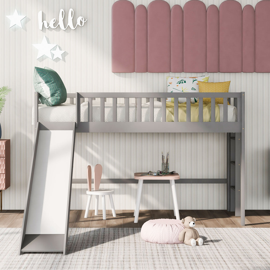 Twin Size Low Loft Bed with Ladder and Slide, Gray