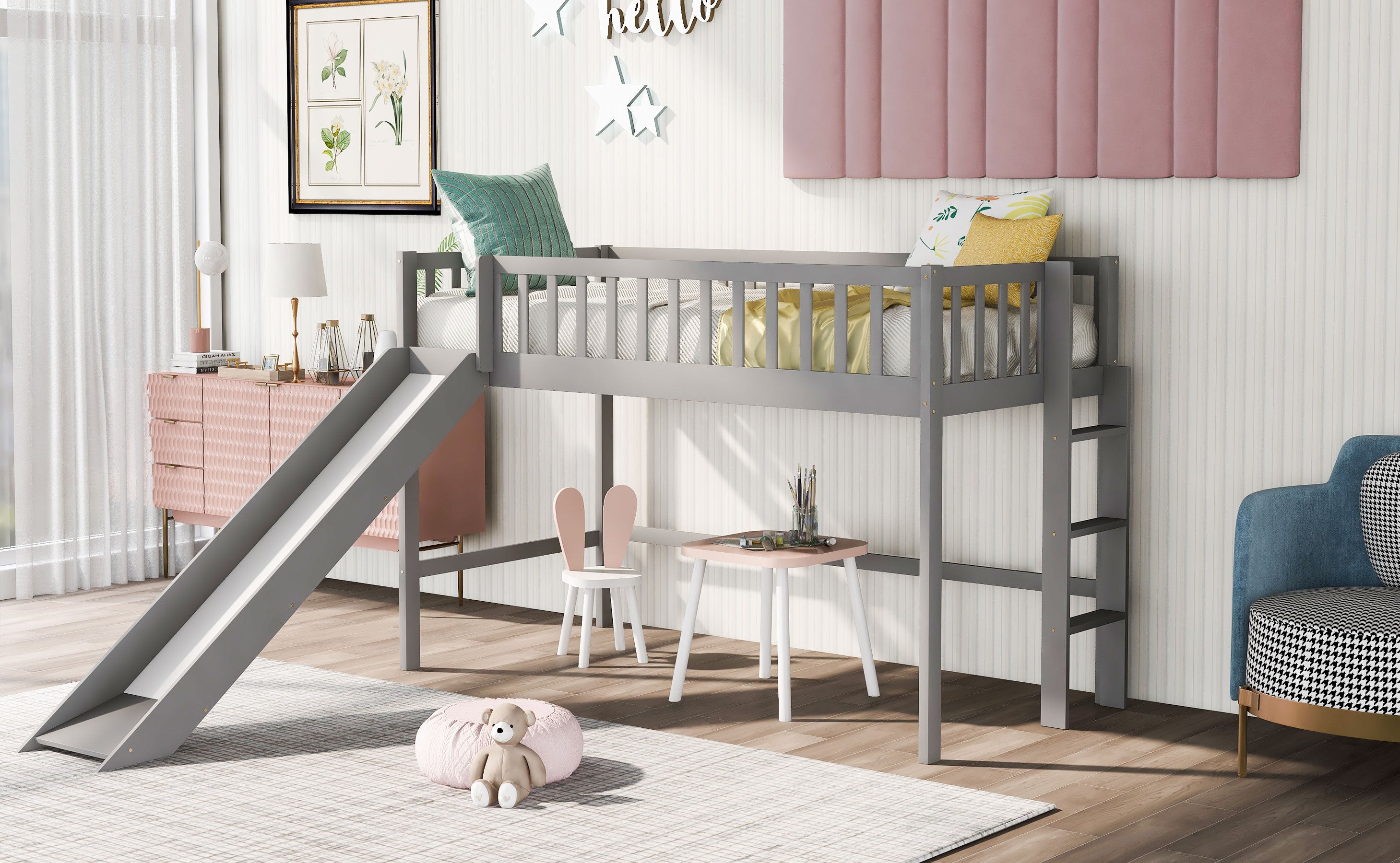 Twin Size Low Loft Bed with Ladder and Slide, Gray