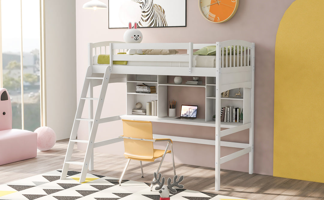 Twin size Loft Bed with Storage Shelves, Desk and Ladder, White