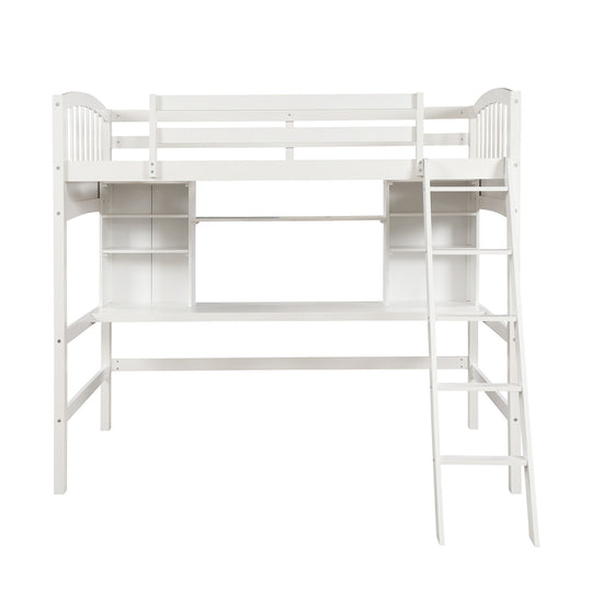 Twin size Loft Bed with Storage Shelves, Desk and Ladder, White