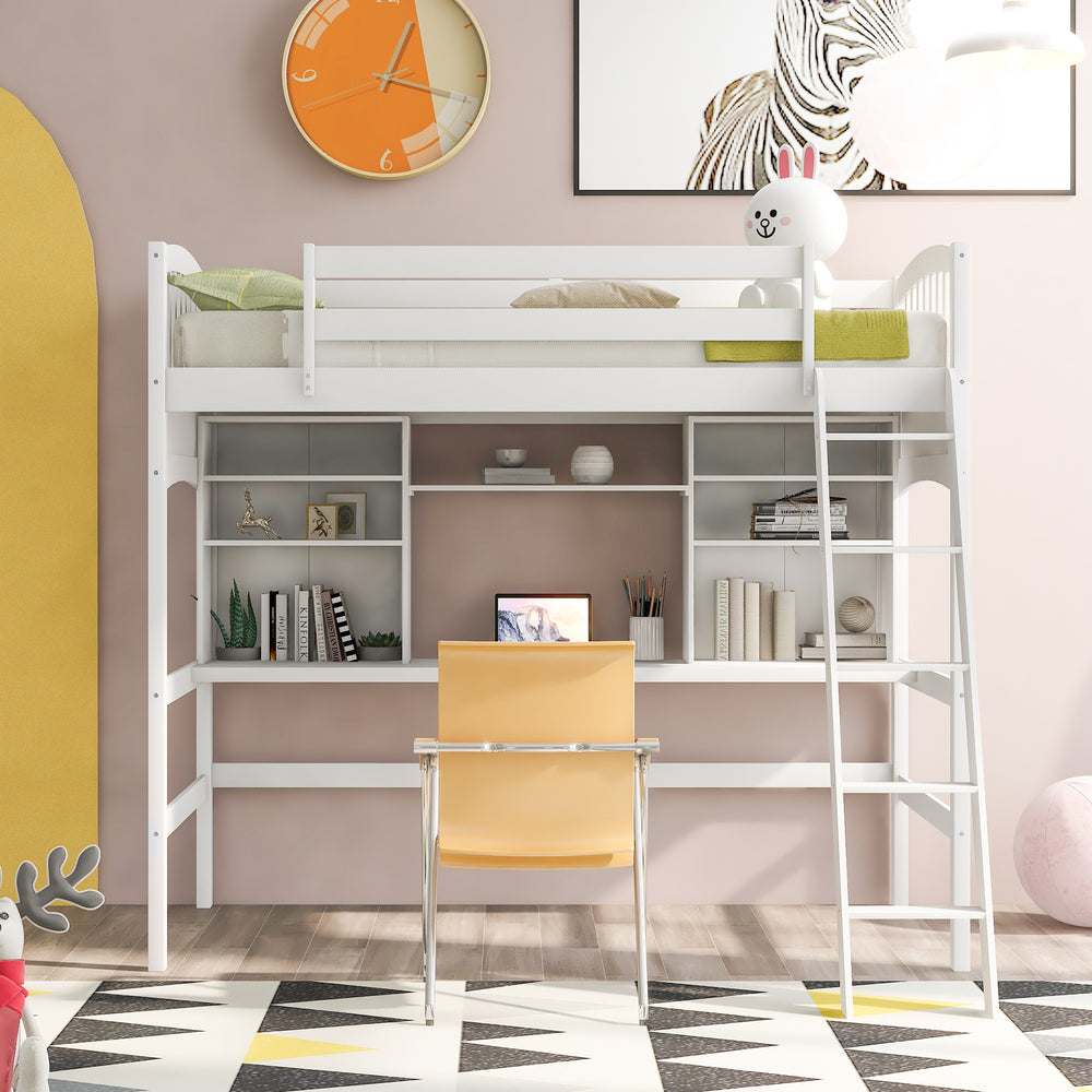 Twin size Loft Bed with Storage Shelves, Desk and Ladder, White