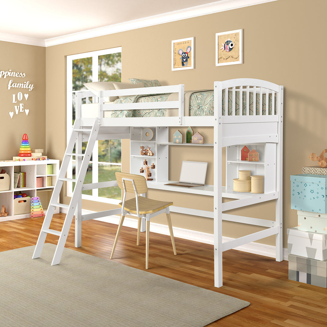 Twin size Loft Bed with Storage Shelves, Desk and Ladder, White