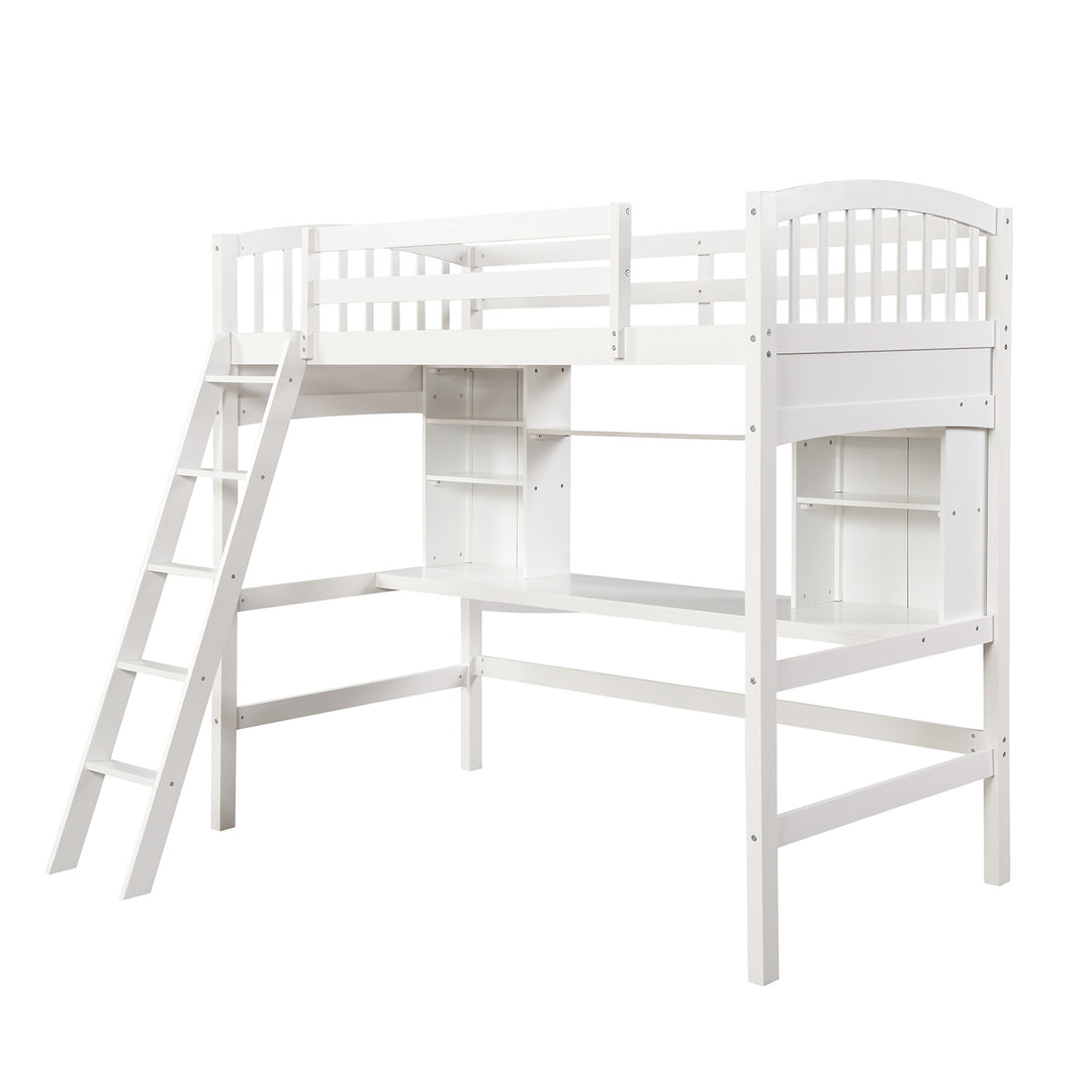 Twin size Loft Bed with Storage Shelves, Desk and Ladder, White