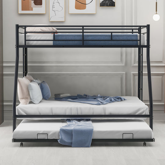 Twin over Full Bed with Sturdy Steel Frame, Bunk Bed with Twin Size Trundle, Two-Side Ladders, Black