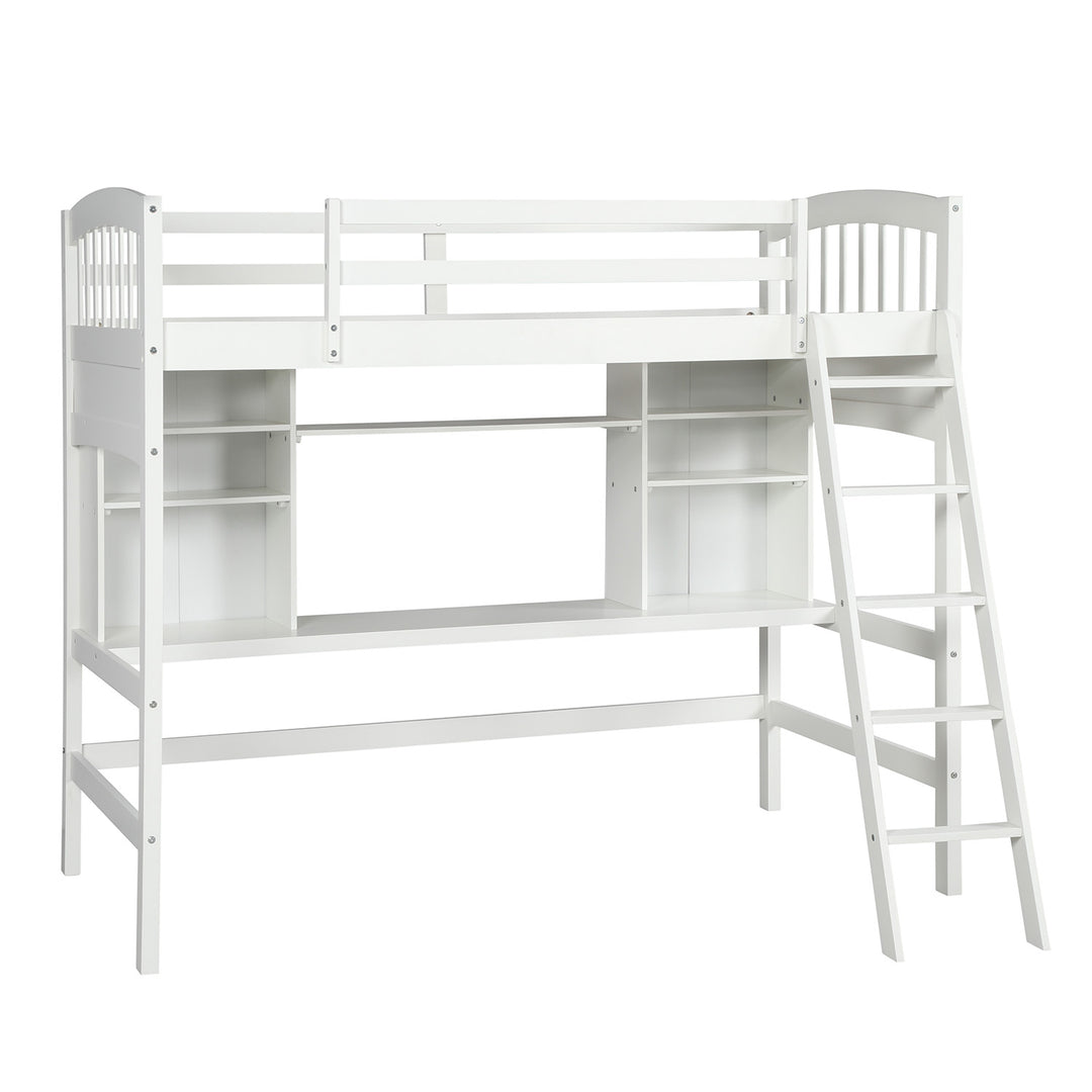 Twin size Loft Bed with Storage Shelves, Desk and Ladder, White