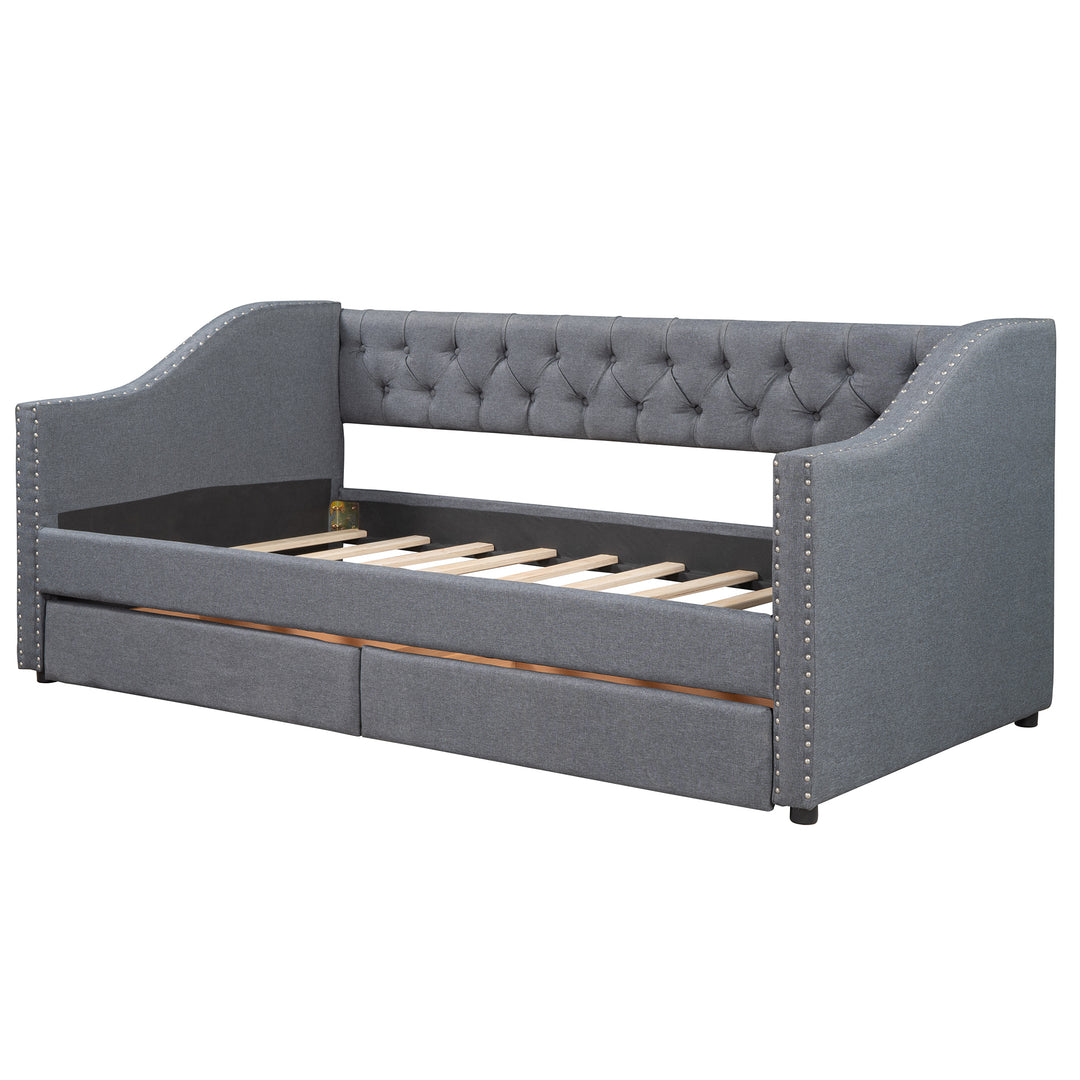 Upholstered Twin Size daybed with Two Drawers, Wood Slat Support, Gray