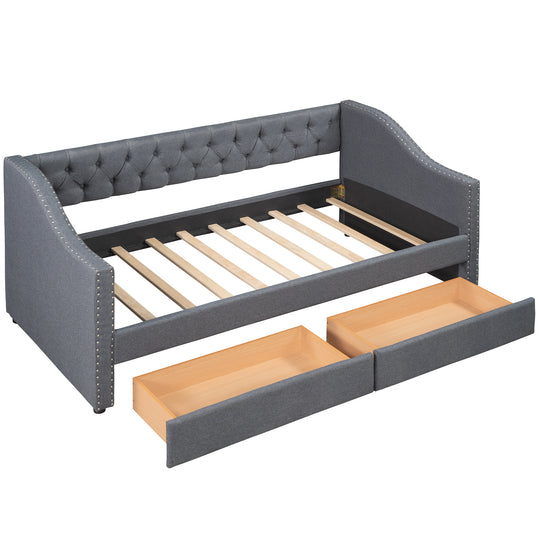 Upholstered Twin Size daybed with Two Drawers, Wood Slat Support, Gray