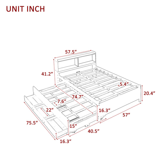 Full Bed with Bookcase,Twin Trundle,Drawers,White