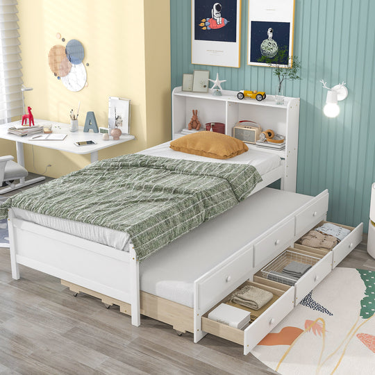 Twin Bed with Bookcase,Twin Trundle,Drawers,White