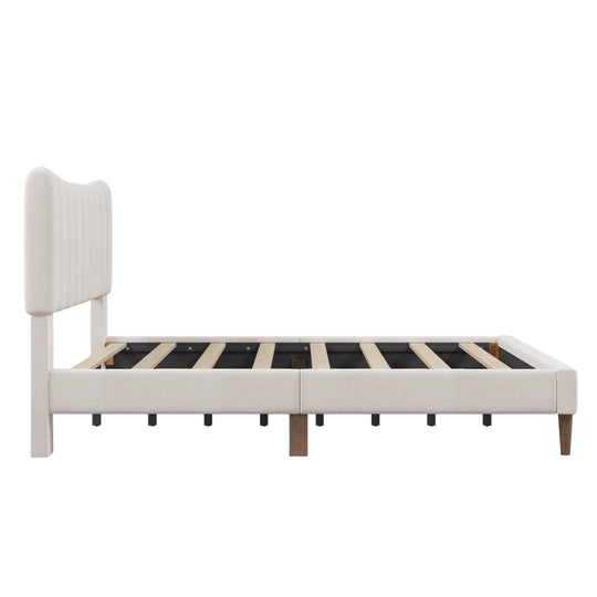 Upholstered Platform Bed Frame with Vertical Channel Tufted Headboard, No Box Spring Needed, Queen,Cream