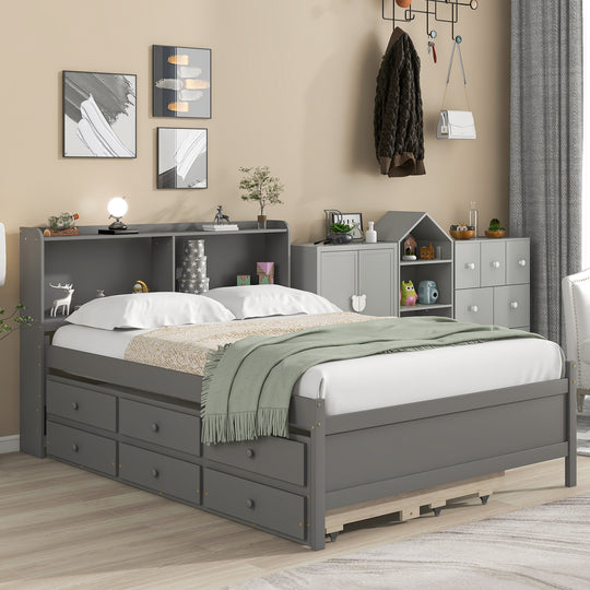 Full Bed with Bookcase,Twin Trundle,Drawers,Grey