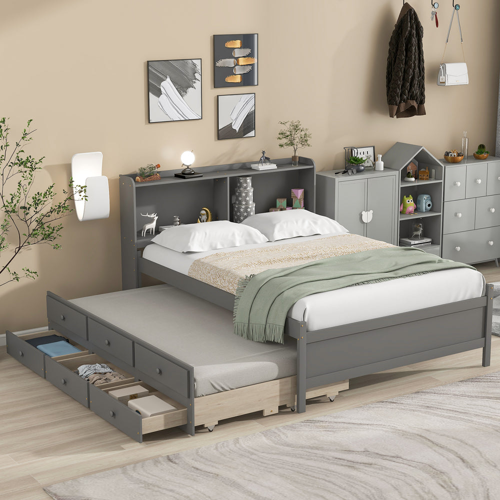 Full Bed with Bookcase,Twin Trundle,Drawers,Grey