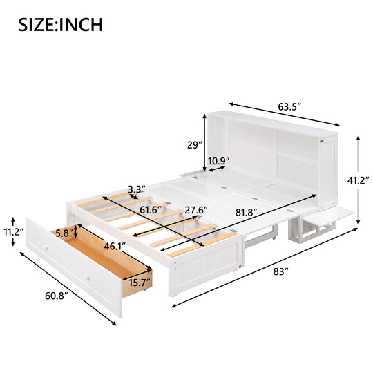 Queen Size Mobile Murphy Bed with Drawer and Little Shelves on Each Side,White