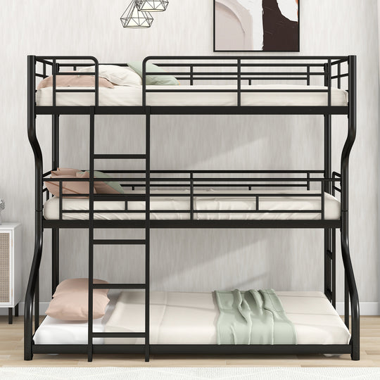 Full XL over Twin XL over Queen Size Triple Bunk Bed with Long and Short Ladder,Black