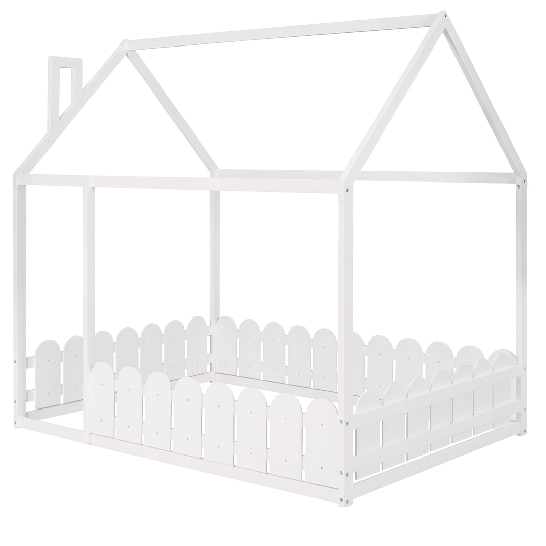 (Slats are not included) Full Size Wood Bed House Bed Frame with Fence,for Kids,Teens,Girls,Boys (White )