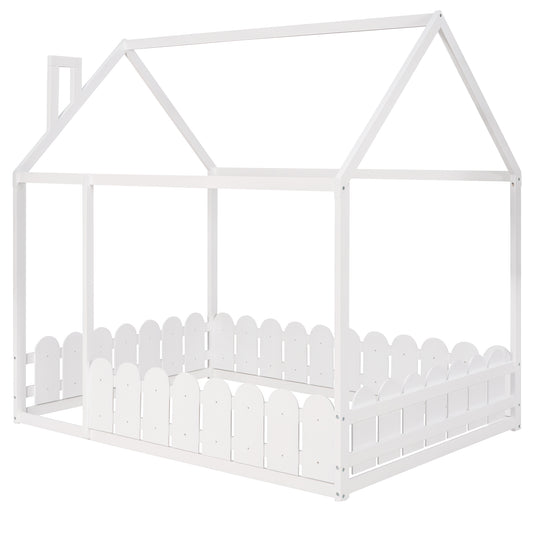 (Slats are not included) Full Size Wood Bed House Bed Frame with Fence,for Kids,Teens,Girls,Boys (White )