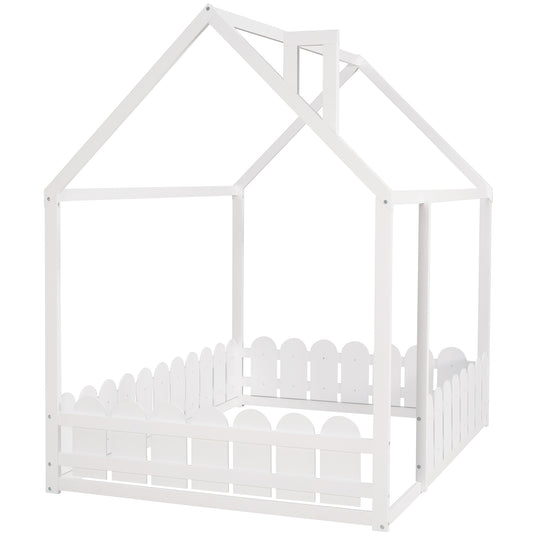 (Slats are not included) Full Size Wood Bed House Bed Frame with Fence,for Kids,Teens,Girls,Boys (White )