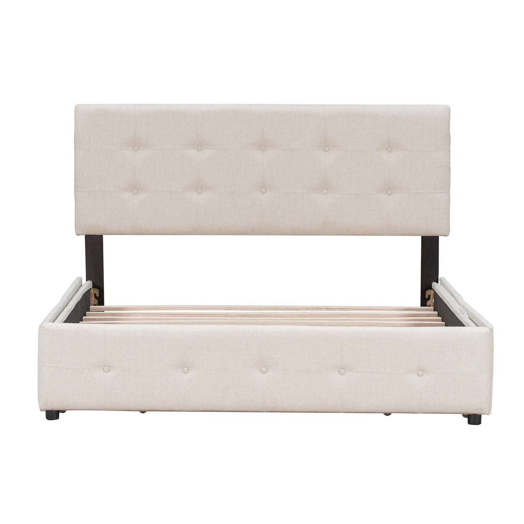 Upholstered Platform Bed with Classic Headboard and 4 Drawers, No Box Spring Needed, Linen Fabric, Queen Size Beige