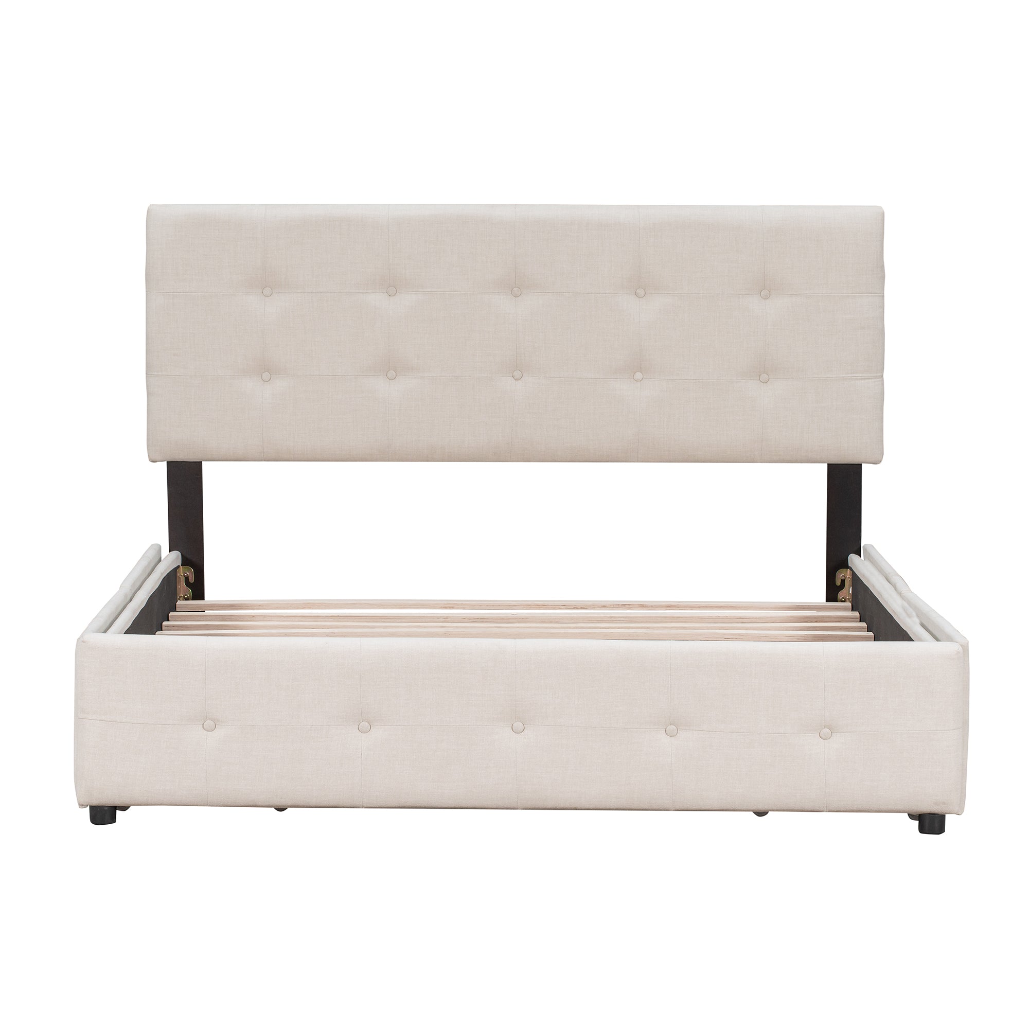 Upholstered Platform Bed with Classic Headboard and 4 Drawers, No Box Spring Needed, Linen Fabric, Queen Size Beige