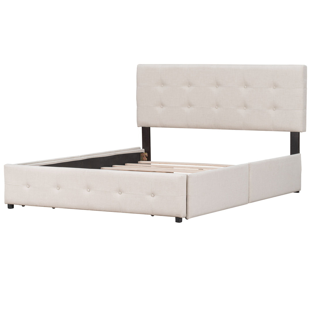 Upholstered Platform Bed with Classic Headboard and 4 Drawers, No Box Spring Needed, Linen Fabric, Queen Size Beige