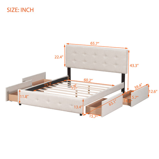 Upholstered Platform Bed with Classic Headboard and 4 Drawers, No Box Spring Needed, Linen Fabric, Queen Size Beige