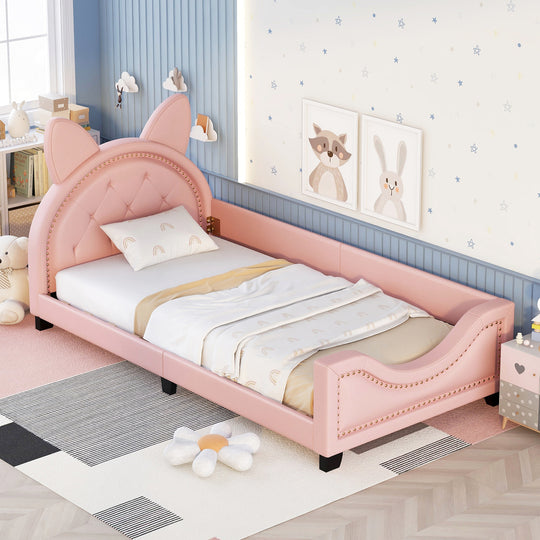 Twin Size Upholstered Daybed with Carton Ears Shaped Headboard, Pink