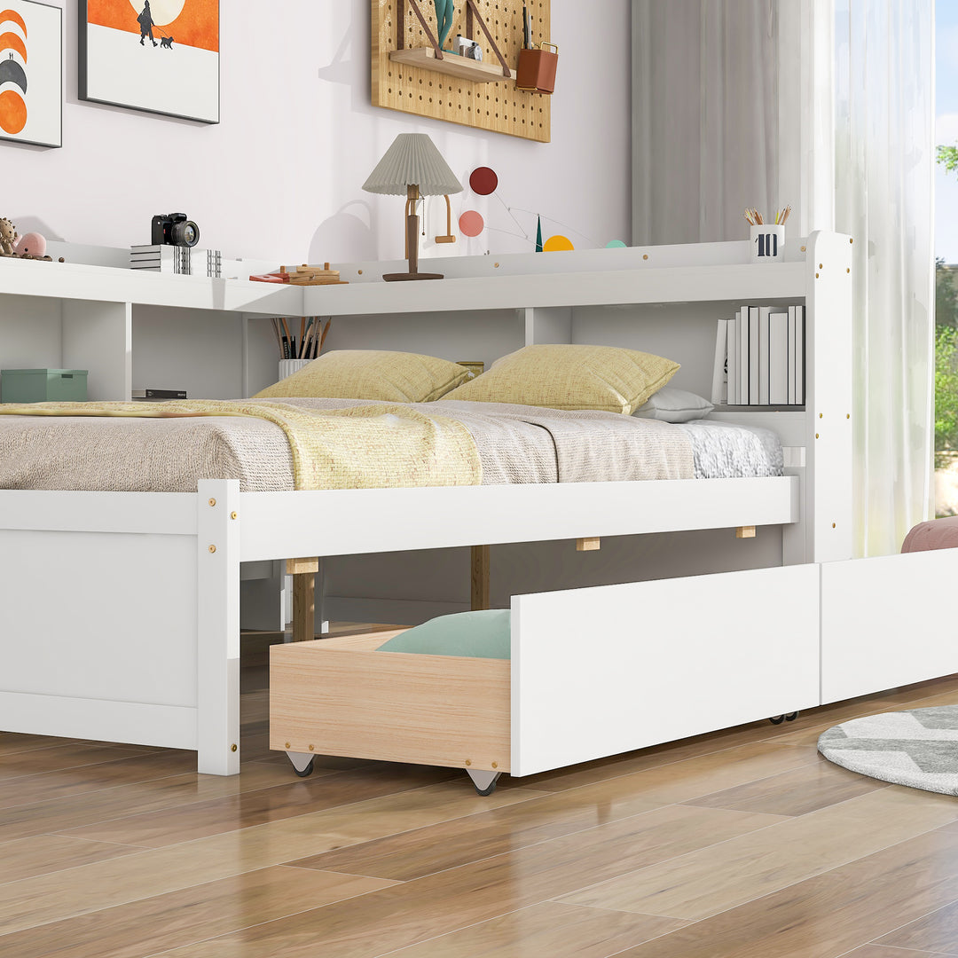 Full Bed with L-shaped Bookcases, Drawers ,White