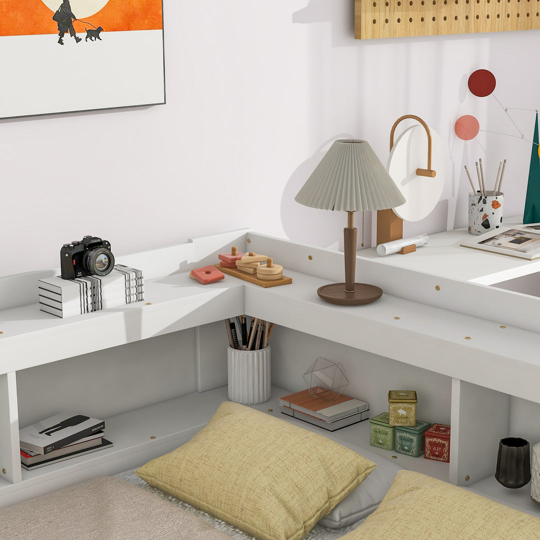 Full Bed with L-shaped Bookcases, Drawers ,White