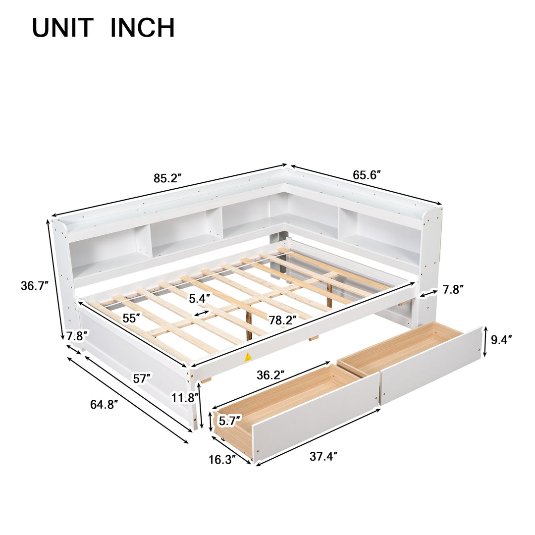 Full Bed with L-shaped Bookcases, Drawers ,White