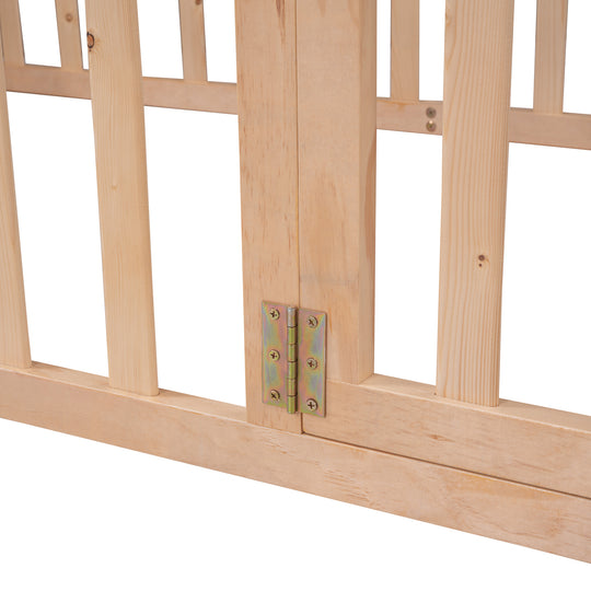 Twin Size Wood Floor Bed Frame with Fence and Door, Natural