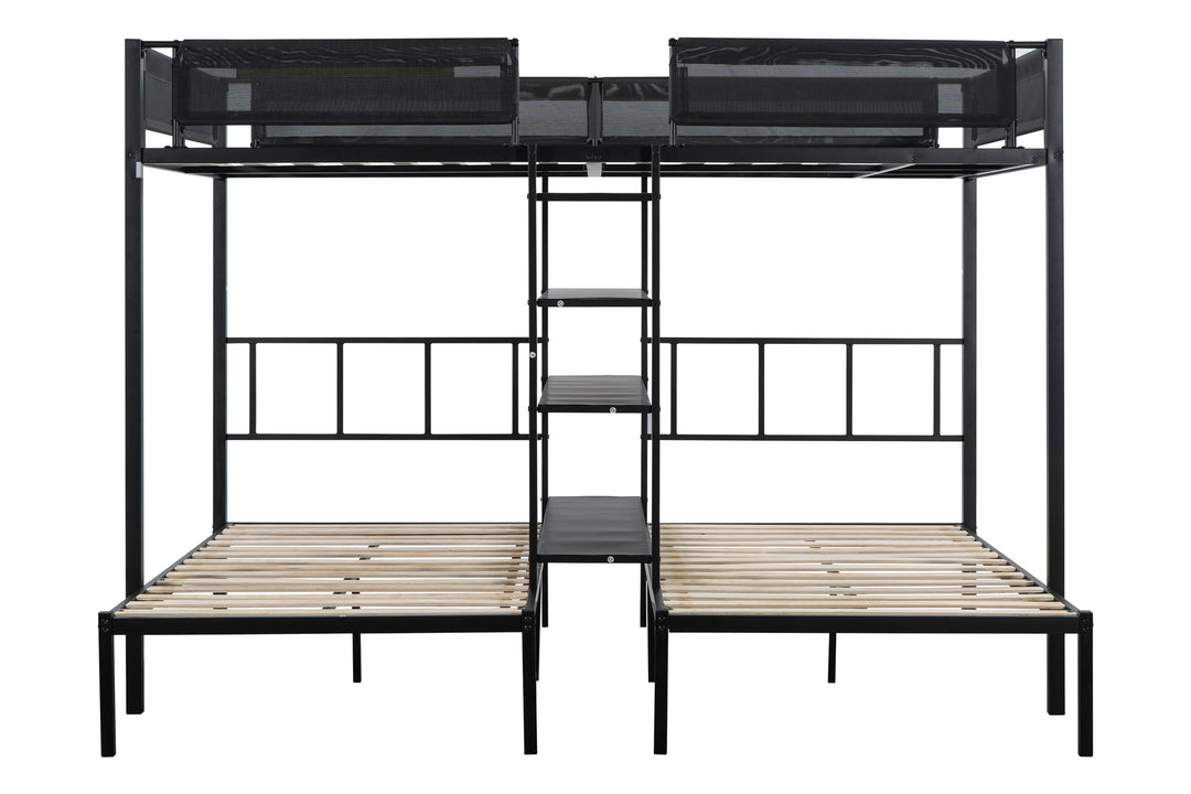 Metal Full over Twin Beds with Shelves/ Sturdy Metal Frame/ Noise-Free Wood Slats/ Comfortable Textilene Guardrail/ Bunk Bed for Three/ Built-in 3-Tier Shelves/ No Box Spring Needed