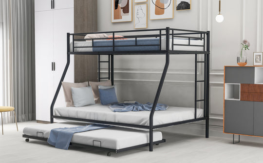 Twin over Full Bed with Sturdy Steel Frame, Bunk Bed with Twin Size Trundle, Two-Side Ladders, Black