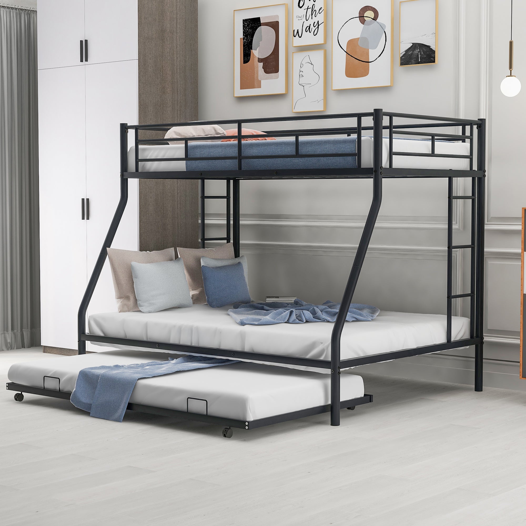 Twin over Full Bed with Sturdy Steel Frame, Bunk Bed with Twin Size Trundle, Two-Side Ladders, Black