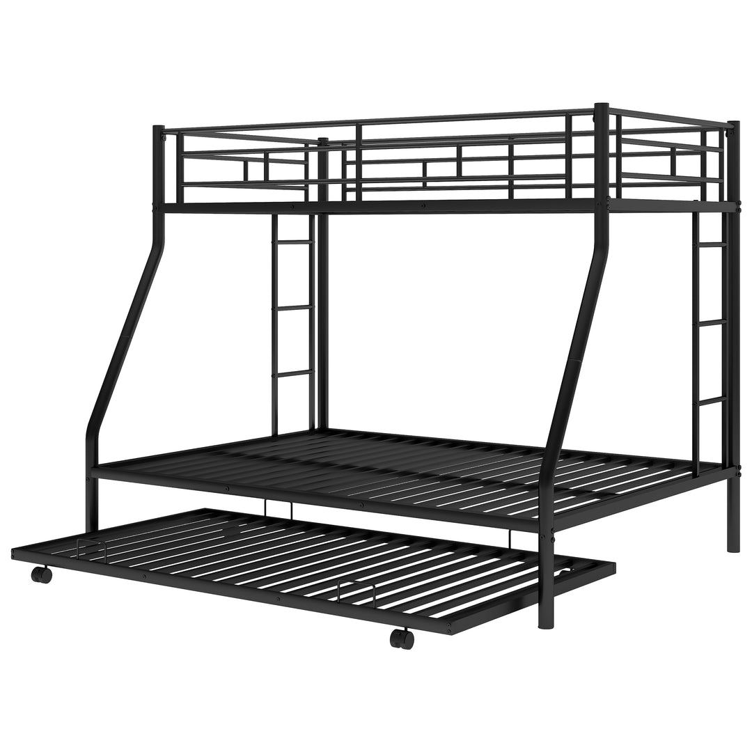 Twin over Full Bed with Sturdy Steel Frame, Bunk Bed with Twin Size Trundle, Two-Side Ladders, Black