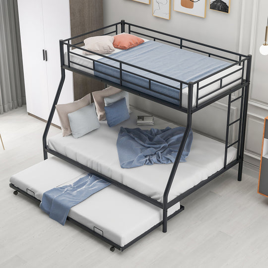 Twin over Full Bed with Sturdy Steel Frame, Bunk Bed with Twin Size Trundle, Two-Side Ladders, Black