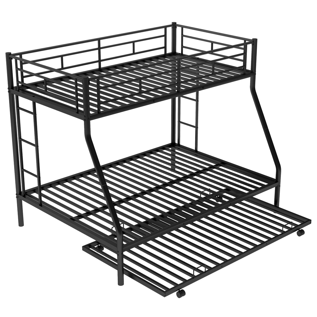 Twin over Full Bed with Sturdy Steel Frame, Bunk Bed with Twin Size Trundle, Two-Side Ladders, Black