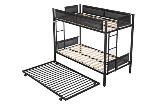 Metal Twin over twin bunk bed with Trundle/ Sturdy Metal Frame/ Noise-Free Wood Slats/ Comfortable Textilene Guardrail/ 2 side Ladders/ Space-Saving Trundle/ Bunk Bed for Three/ No Box Spring Needed